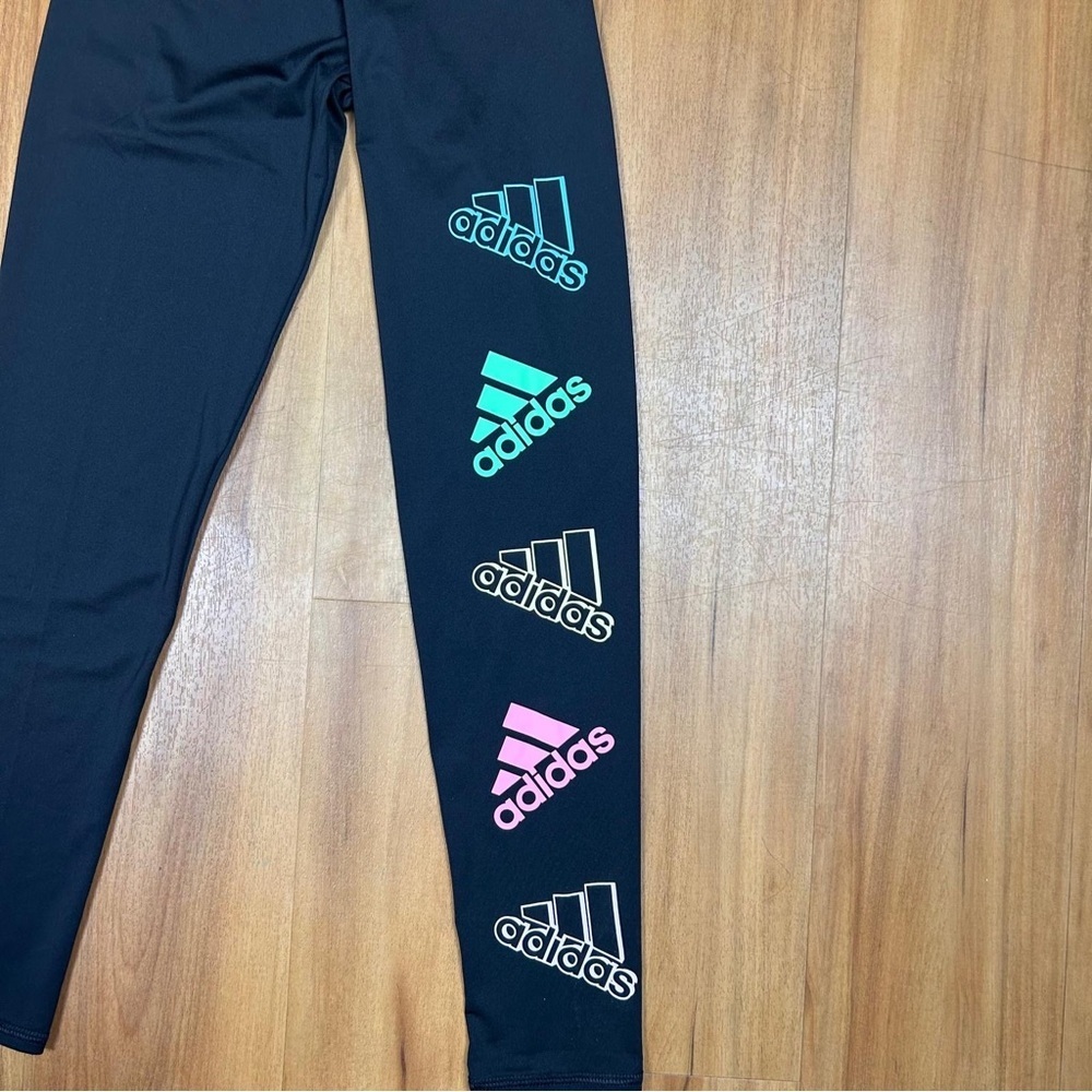 Adidas Kids Black and Green Performance Leggings - Picture 3 of 8